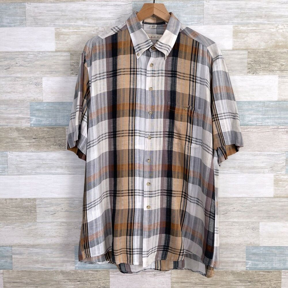 Haupt Germany Linen Blend Lawn Shirt Gray Brown Plaid Short Sleeve Mens Large